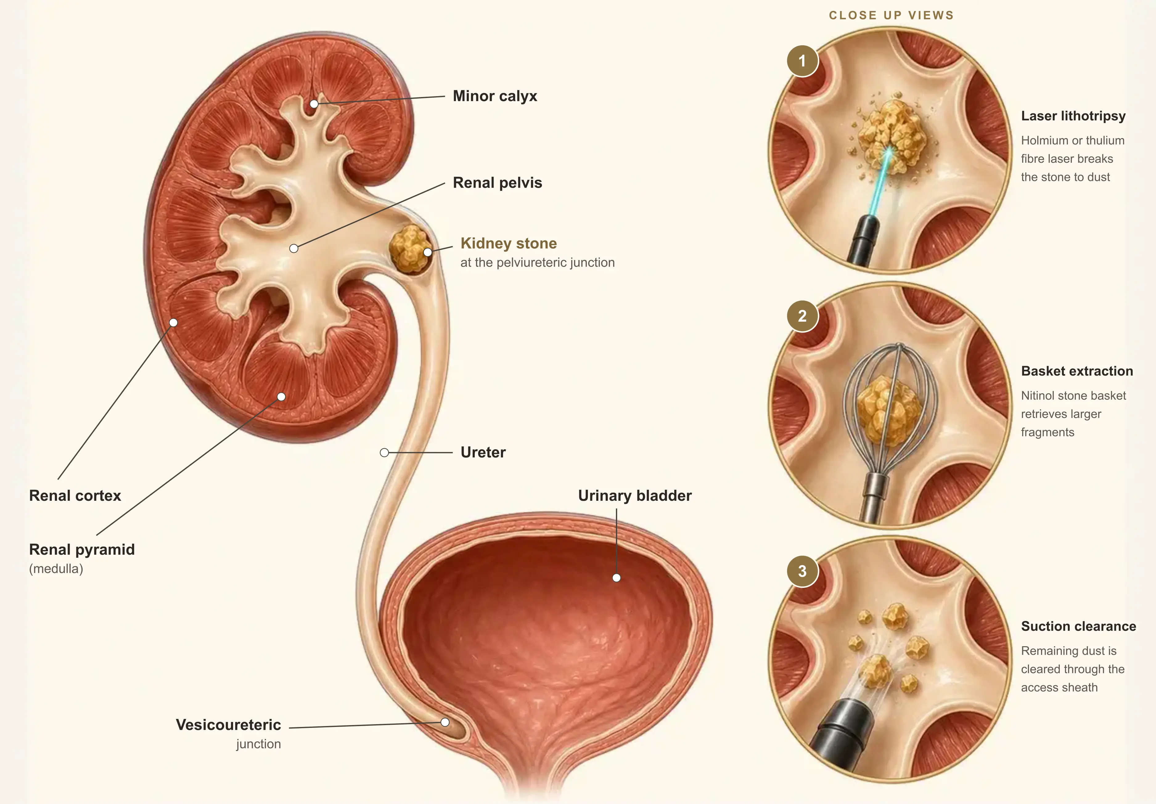 Labelled medical illustration of a kidney stone at the pelviureteric junction, showing the renal cortex, renal pyramid, minor calyx, renal pelvis, ureter, urinary bladder and vesicoureteric junction, with three numbered close up views of laser treatment: laser lithotripsy breaking the stone, basket extraction of a fragment, and suction clearance of the remaining dust